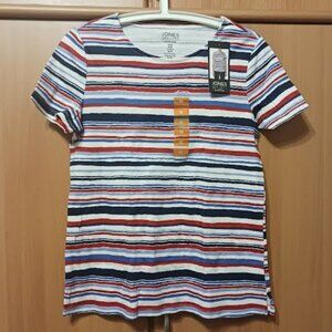 JONES NEW YORK Signature Short Sleeve Crew Neck T-shirt, Blue/White/Red Sz M New